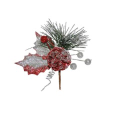 Gold & Red Glittered Wreath Pick With 2 Leaves, A pine Cone, Berries And A Pine Sprig (lot of 1 Bag - 12 Picks Per Bag) SALE ITEM